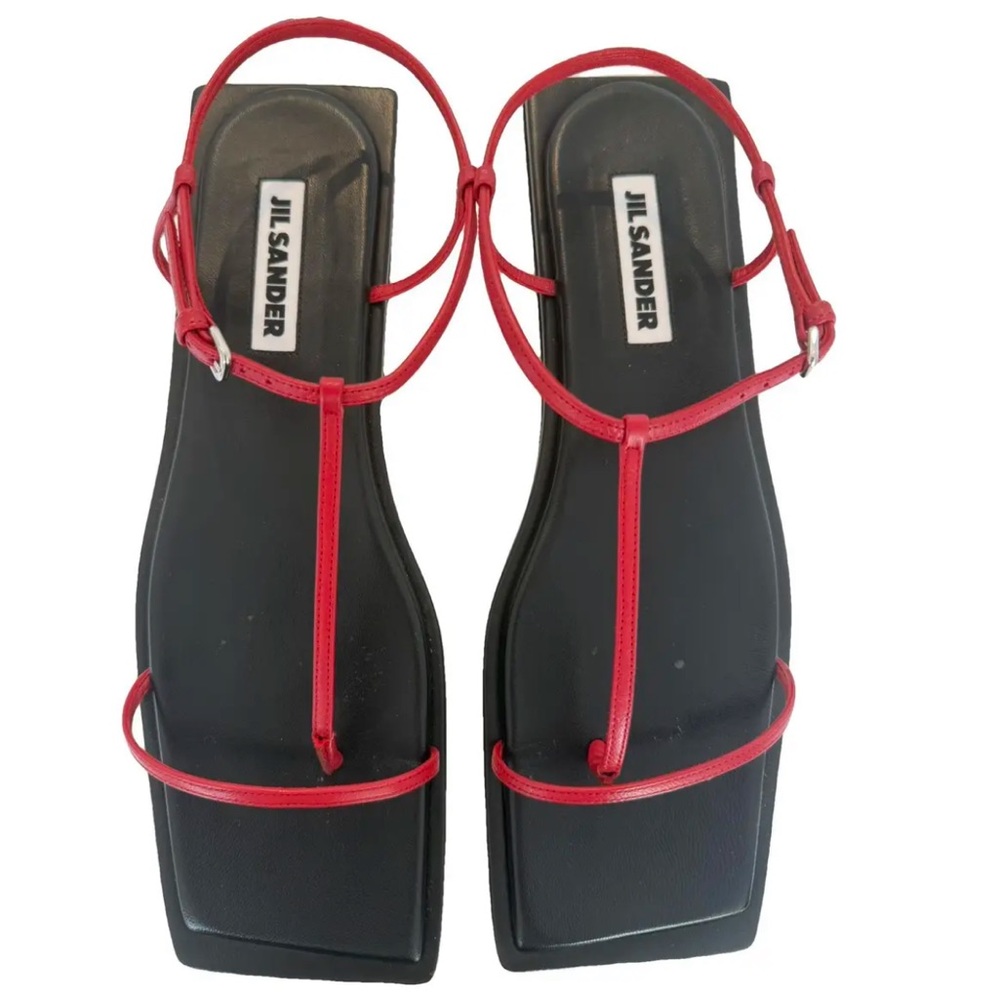 Jil Sander Black Square-Toe Sandals with Red Straps